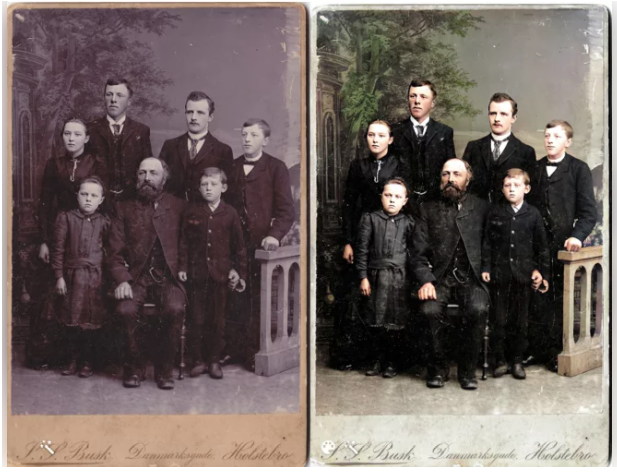 Du kan skanne de gamle familiebildene dine og laste dem opp til slektstreet ditt. På plattformen til MyHeritage er det mulig å forbedre bildekvaliteten eller til og med fargelegge bildene.