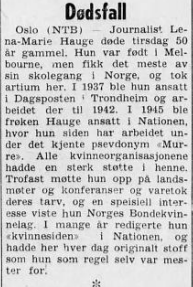 Notice of the death of Lena Marie Hauge, a.k.a. “Murre,” from Haugesundsavis, March 4, 1964 (Source: National Library of Norway)
