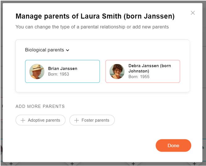 «Administrer foreldre» viser som standard biologiske foreldre 